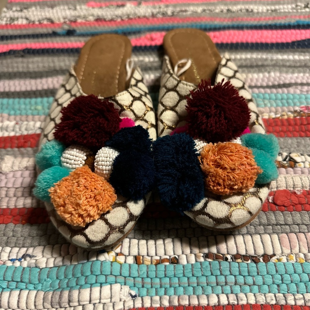 Anthropologie Multicolor Pom-Pom Mules
